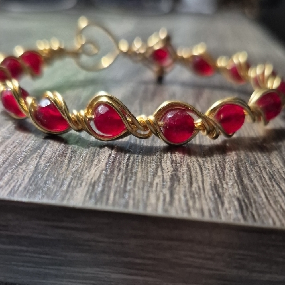 Romantic Red and Gold Wire Wrapped Bracelet